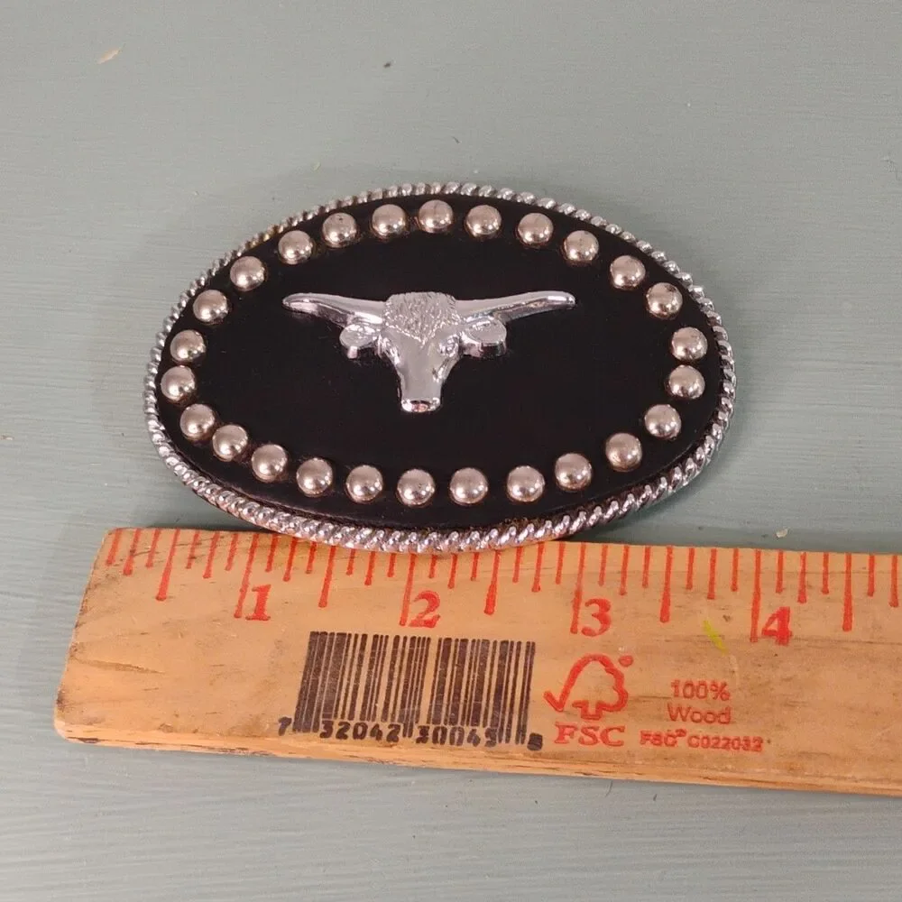 Rockmount Ranch Wear Western Longhorn Oval Belt Buckle Black Leather Stud Border